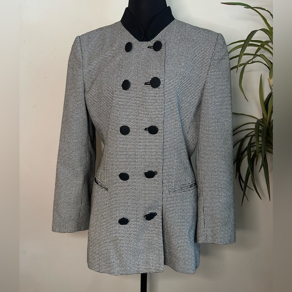 Vintage houndstooth mock neck collar black and white double breasted jacket
